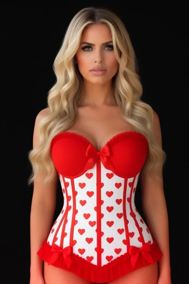Lavish White & Red Hearts Lycra Hook & Eye Back Closure Bustier - Daisy Corsets - Flyclothing LLC