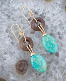Precious Green Turquoise and Wood Golden Bronze Drop Earrings - Barse Jewelry - Flyclothing LLC
