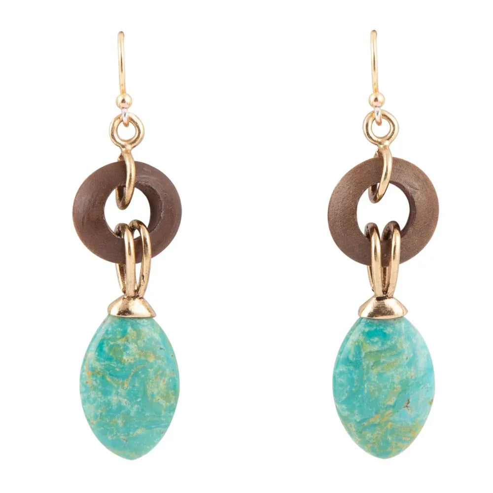 Precious Green Turquoise and Wood Golden Bronze Drop Earrings - Barse Jewelry - Flyclothing LLC