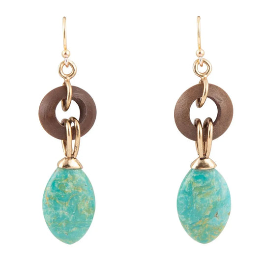 Precious Green Turquoise and Wood Golden Bronze Drop Earrings - Barse Jewelry - Flyclothing LLC