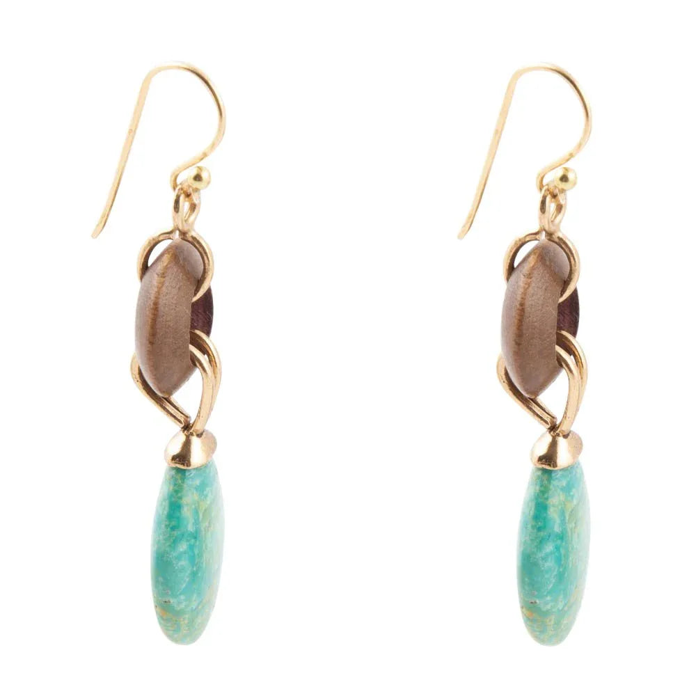 Precious Green Turquoise and Wood Golden Bronze Drop Earrings - Barse Jewelry - Flyclothing LLC