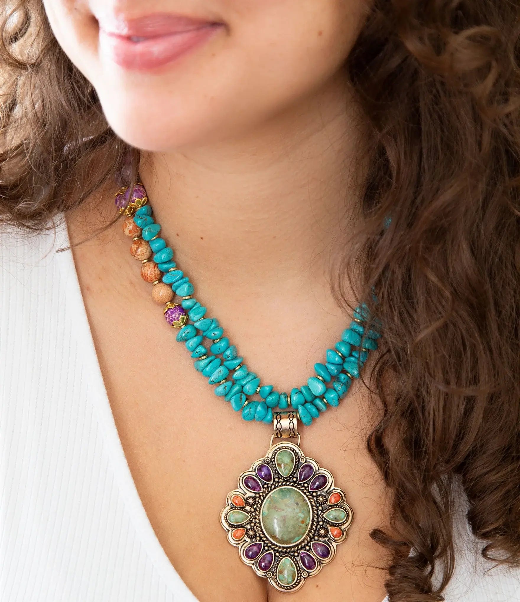 Prescott Blue Turquoise Purple and Orange Statement Pendant Golden Necklace - Barse Jewelry - Flyclothing LLC