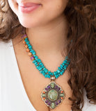 Prescott Blue Turquoise Purple and Orange Statement Pendant Golden Necklace