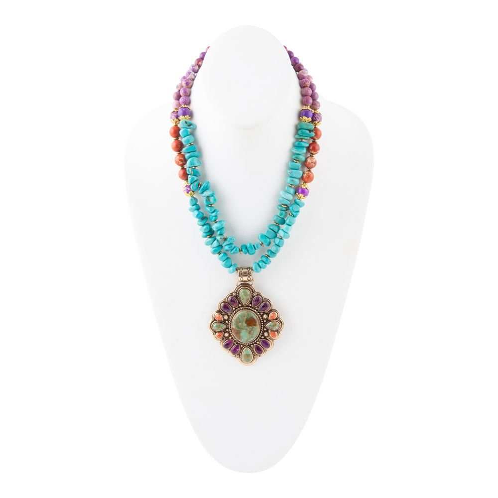 Prescott Blue Turquoise Purple and Orange Statement Pendant Golden Necklace - Barse Jewelry - Flyclothing LLC