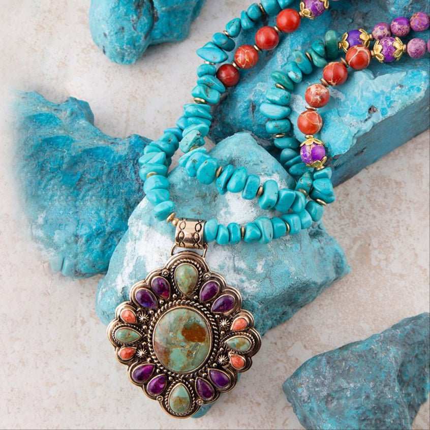Prescott Blue Turquoise Purple and Orange Statement Pendant Golden Necklace - Barse Jewelry - Flyclothing LLC