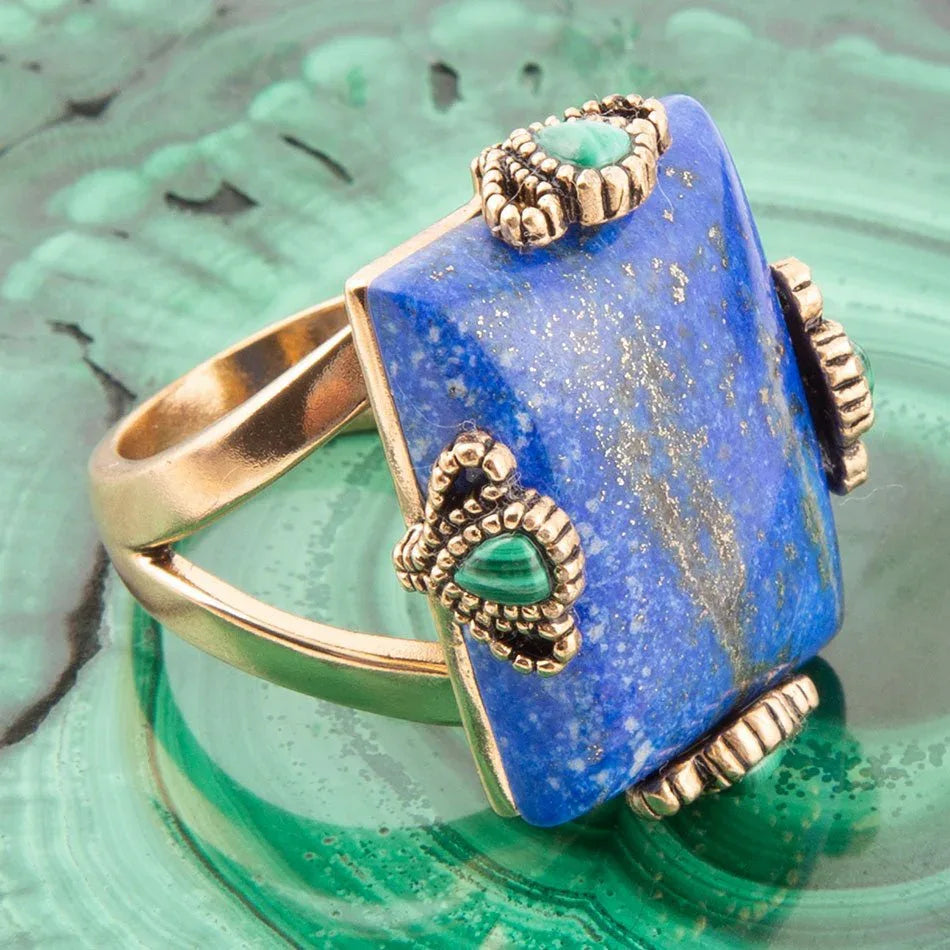 Prismatic Blue Lapis and Malachite Golden Ring - Barse Jewelry - Flyclothing LLC
