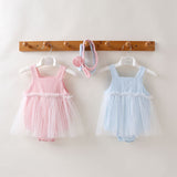 Baby Girl Solid Color Mesh Patchwork Design Sleeveless Dress With Headband - MyKids-USA™