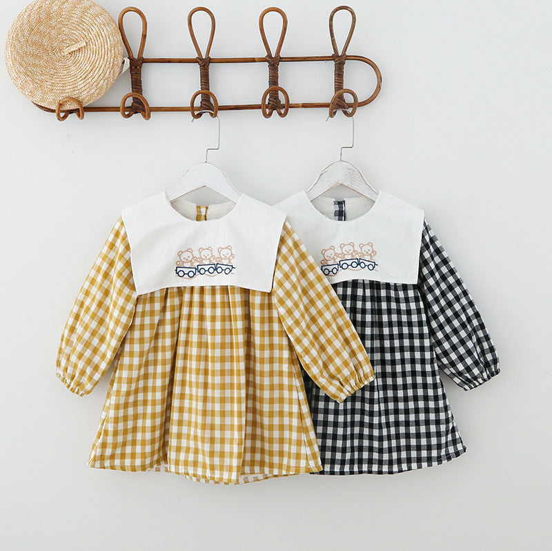 Check Plaid Doll Collar Design Bear Cartoon Embroidery Thick Preppy Dress - MyKids-USA™