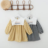 Check Plaid Doll Collar Design Bear Cartoon Embroidery Thick Preppy Dress - MyKids-USA™