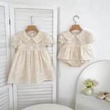 Summer Girls Solid Color Flowers Embroidery Short Sleeves Onesies and Girls’ Dress – Princess Sister Matching Set