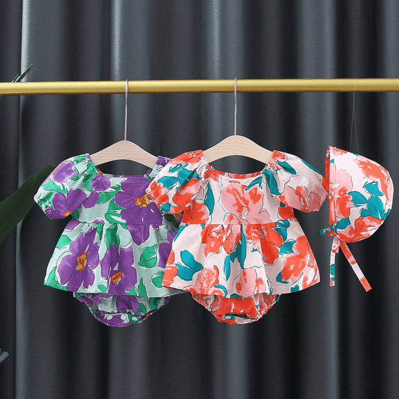 Baby Girl Flower Graphic Square Neck Fashion Onesies Dress With Hat - MyKids-USA™
