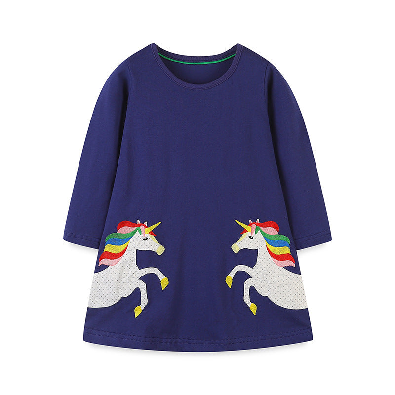 Girls’ Cartoon Pattern Embroidery Crew Neck Dress - MyKids-USA™