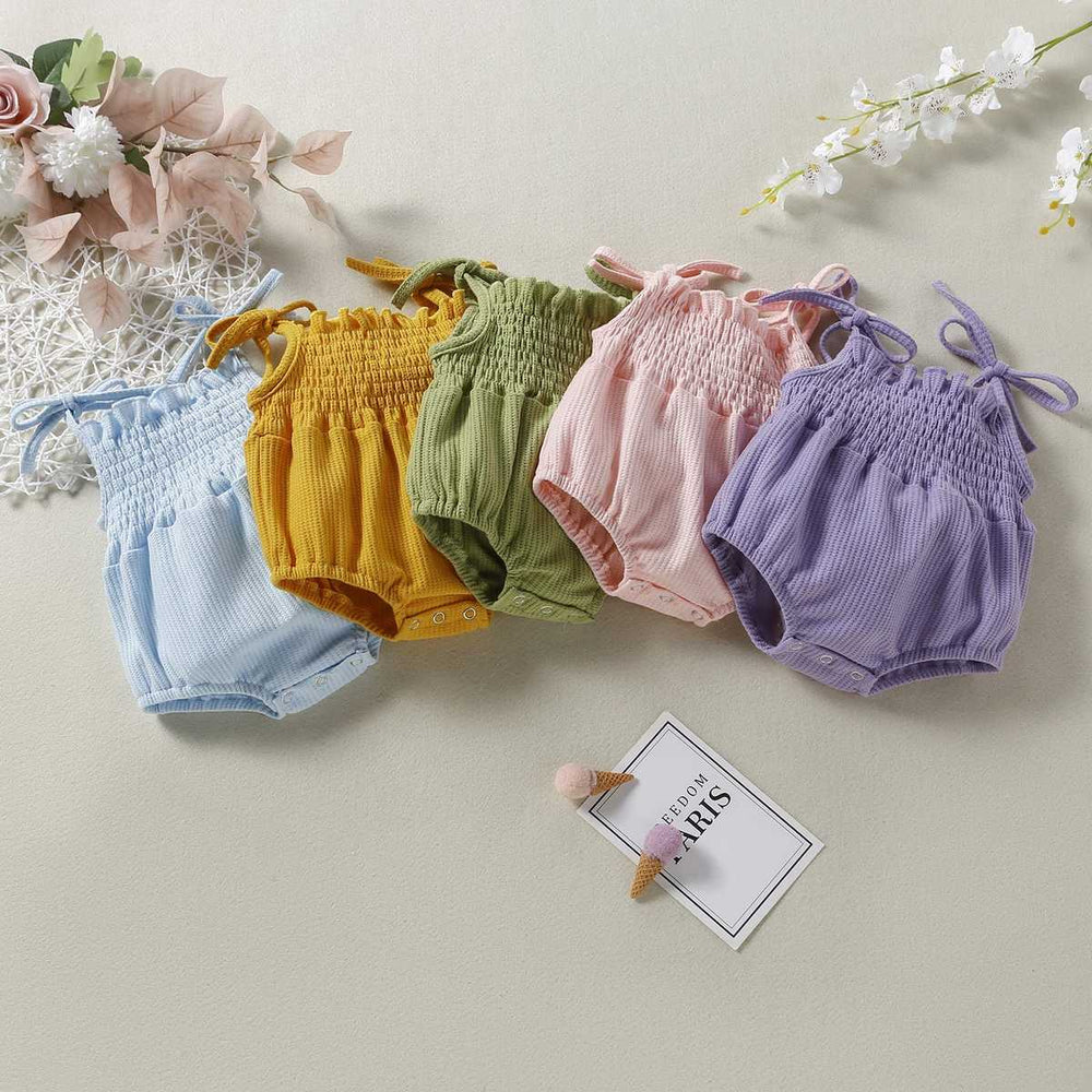 Baby Girl 1pcs Solid Colid Waffle Knitted Fabric Belted Sleeveless Onesies - MyKids-USA™