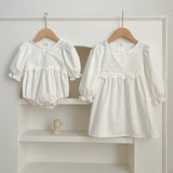 Spring/Autumn Baby Onesies And Dress For Girls With White Lace Trim – Princess Sister Matching Set