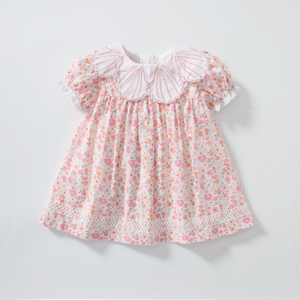 Baby Girl Short-Sleeved Floral Print Shell Shape Collar Pattern A Version Dress - MyKids-USA™