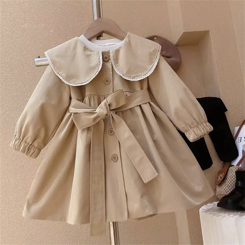Baby Girls Peter Pan Neck Long Sleeved Khaki Single Breasted Dress With Belt - MyKids-USA™