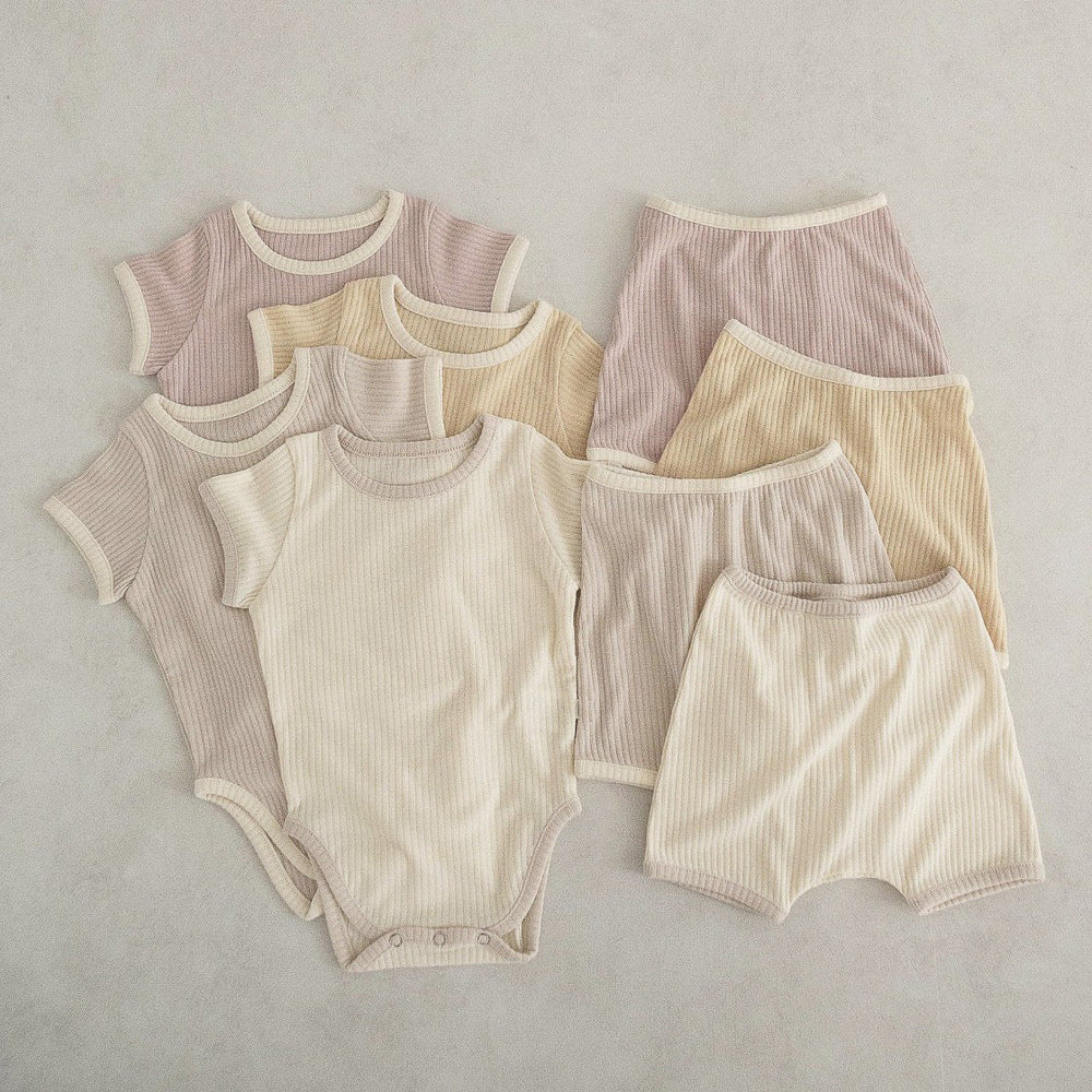 Baby Unisex Solid Color Comfy Cotton Onesies & Shorts Sets With Headband - MyKids-USA™