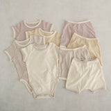 Baby Unisex Solid Color Comfy Cotton Onesies & Shorts Sets With Headband - MyKids-USA™