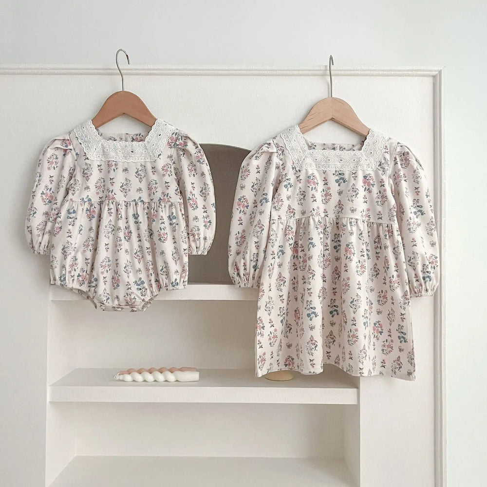 Floral Square Neck Lantern Long Sleeve Sweet Princess Onesies&Dress - MyKids-USA™
