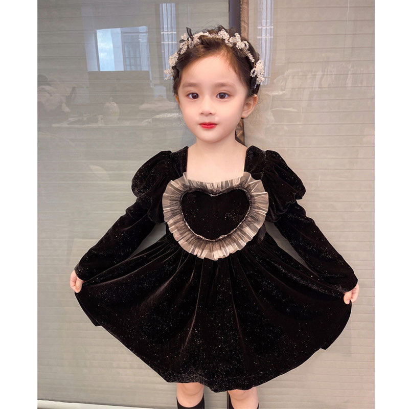 Baby Girls Heart Shape Ruffle Square Neck Long Sleeved Black Princess Dress - MyKids-USA™