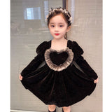 Baby Girls Heart Shape Ruffle Square Neck Long Sleeved Black Princess Dress - MyKids-USA™