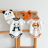 Baby Girl Cartoon Animal Print Round Collar Short-Sleeved Onesies