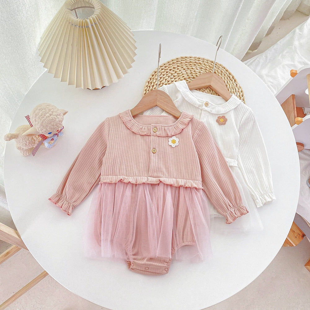 Baby Girl 1pcs Floral Patched Pattern Mesh Overlay Design Onesies Dress - MyKids-USA™