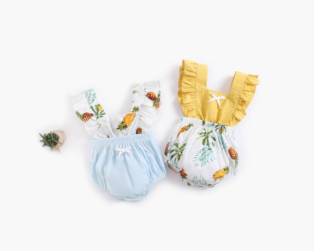Baby Girl Fruit Print Pattern Lace Design Square Collar False 2-Pieces Onesies In Summer - MyKids-USA™