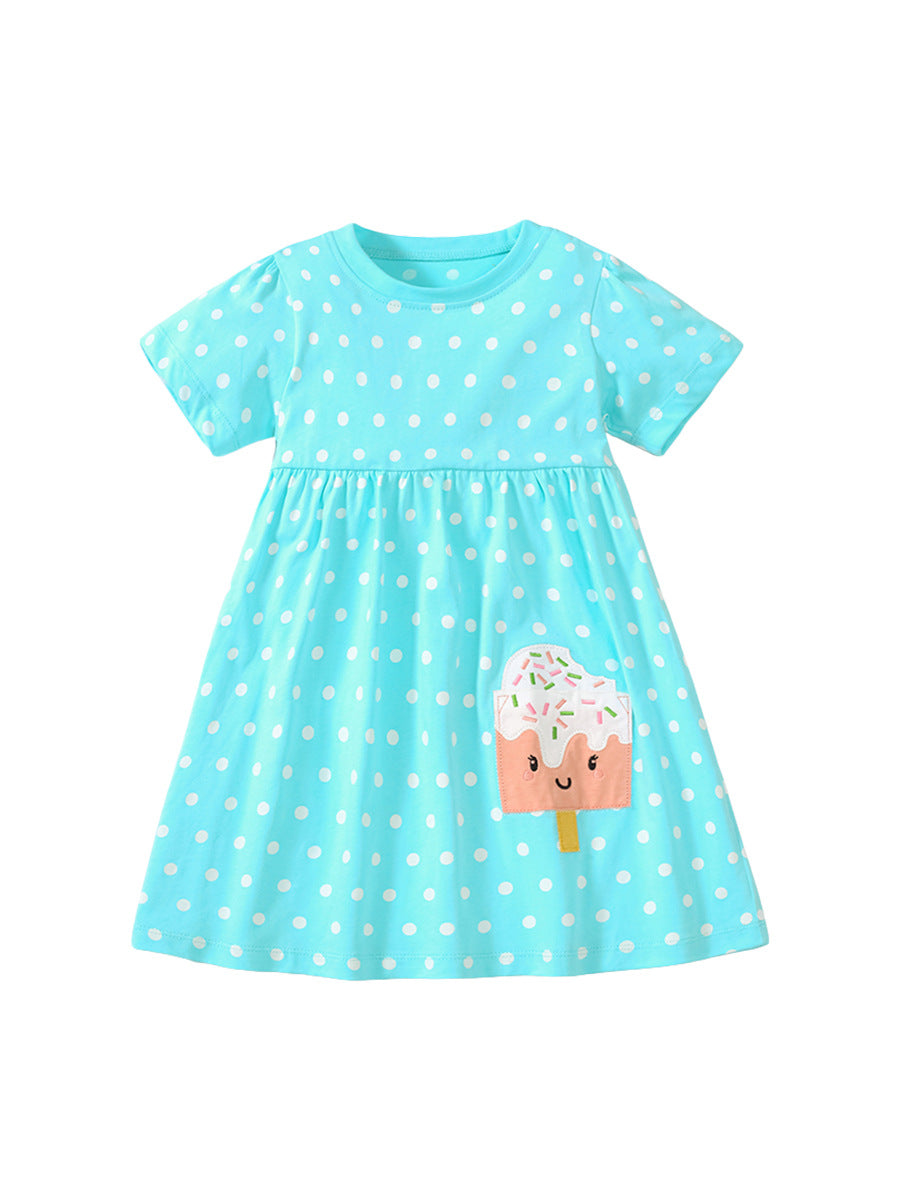 Spring And Summer Baby Girls Short Sleeves Ice-Cream Cartoon Polka Dots Dress - MyKids-USA™