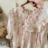 Arrival French Style Autumn Girls Floral Pattern Long Sleeves Ruffle Dress