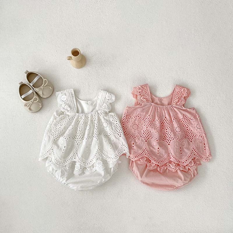 Summer Hot Selling Baby Girls Sleeveless Solid Color Hollow Out Design Strap Top Dress And Bloomers Clothing Set - MyKids-USA™