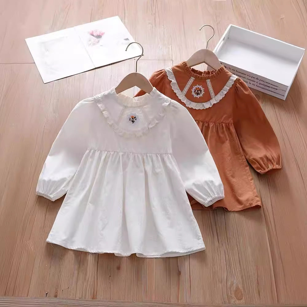 Autumn Kids Girls Simple Long Sleeves Ruffle Neck Floral Embroidery Dress - MyKids-USA™