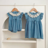 New Arrival Summer Girls Blue Plaid Noble Lace Floral Collar Fly Sleeves Onesies And Dress – Princess Sister Matching Set - MyKids-USA™