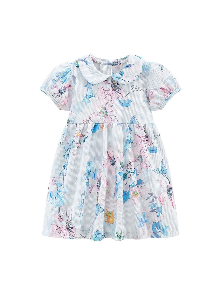 Spring And Summer Baby Girls Peter Pan Collar Short Sleeves Floral Dress - MyKids-USA™