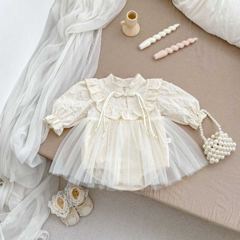 Autumn Arrival Baby Girls Long Sleeves Stand Collar Floral Embroidery Tulle Onesies Dress - MyKids-USA™