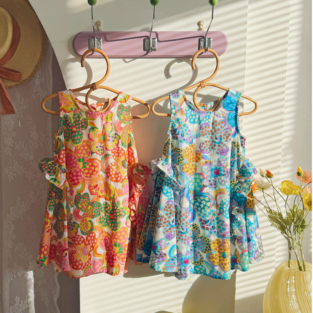 Summer Arrival Colorful Flowers Pattern Crew Neck Sleeveless Dress for Stylish Girls - MyKids-USA™