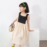 Girls Colorblock Design Square Neck Sleeveless Dress