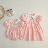 Summer Baby Kids Girls Flowers Embroidery Collar Onesies And Girls’ Dress – Princess Sister Matching Set - MyKids-USA™