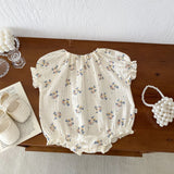Summer Hot Selling Baby Kids Girls Short Sleeves Crew Neck Thin Cotton Double-Layer Gauze Floral Printed Onesies - MyKids-USA™