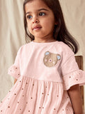 Summer Teddy Logo Short-sleeved Pink Dress with Dots Pattern for Stylish Girls