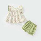 Summer Baby Kids Floral Pattern Fly Sleeves Top Dress and Green Shorts Clothing Set for Girls