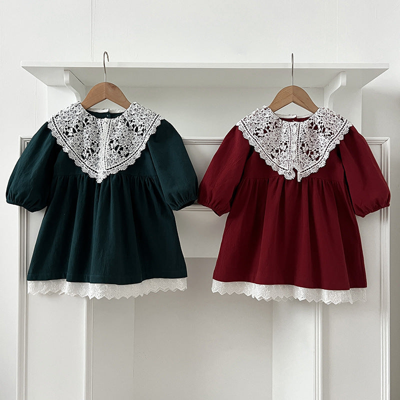 Arrival Autumn Baby Kids Girls Long Sleeves Vintage Hollow-out Lace Collar Dress - MyKids-USA™