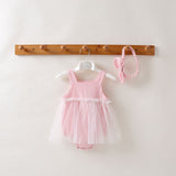 Baby Girl Solid Color Mesh Patchwork Design Sleeveless Dress With Headband - MyKids-USA™
