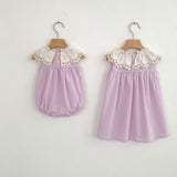 Summer Arrival Girls Cute Color Patchwork Flowers Pattern Collar Sleeveless Onesies and Dress – Princess Sister Matching