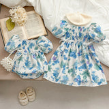 Summer Girls Blue Floral Pattern Square Neck Pleated Onesies And Girls’ Dress – Princess Sister Matching Set