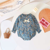 Baby Girl Ditsy Flower Pattern Bow Patched Design Korean Style Onesies