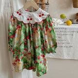 Arrival Autumn Girls Vivid Cherry and Teddy Pattern Long Sleeves Dress with Embroidery Collar