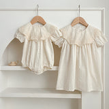 Summer Girls Solid Color Simple Floral Embroidery Big Collar Onesies And Dress – Princess Sister Matching Set