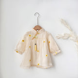 Arrival Autumn Girls Daisy Flowers Pattern Stand Collar Long Sleeves Tulle Patchwork Princess Dress