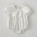 Summer Girls Solid Color Simple Floral Embroidery Big Collar Onesies and Dress – Princess Sister Matching Set